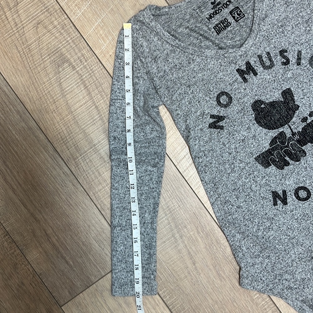 NWT Woodstock Retro Brand Long Sleeve Gray Marled Sweater No Music No Life Sz XS - Picture 11 of 12